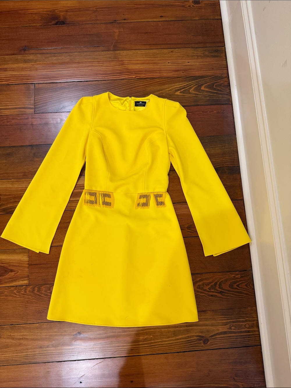 Women's Yellow Long-Sleeve A-Line Dress with Embellished Waist